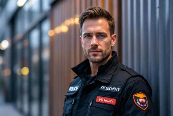 EW Security beveiliger met VPB-diploma certificaat voor Westlands bedrijfspand, reflecterende uniform strepen zichtbaar