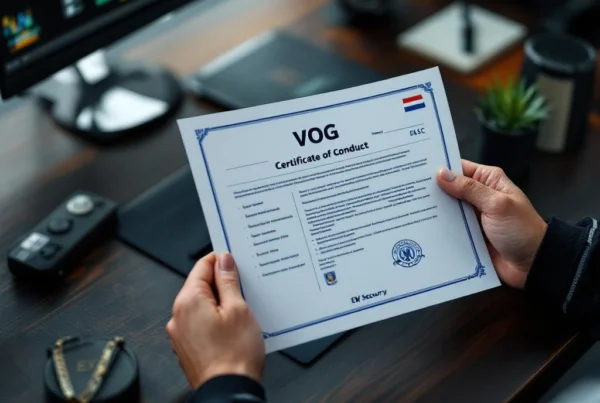 VOG document met officiële stempels naast beveiligingsbadge en uniform op bureau, Nederlandse veiligheidssector certificering