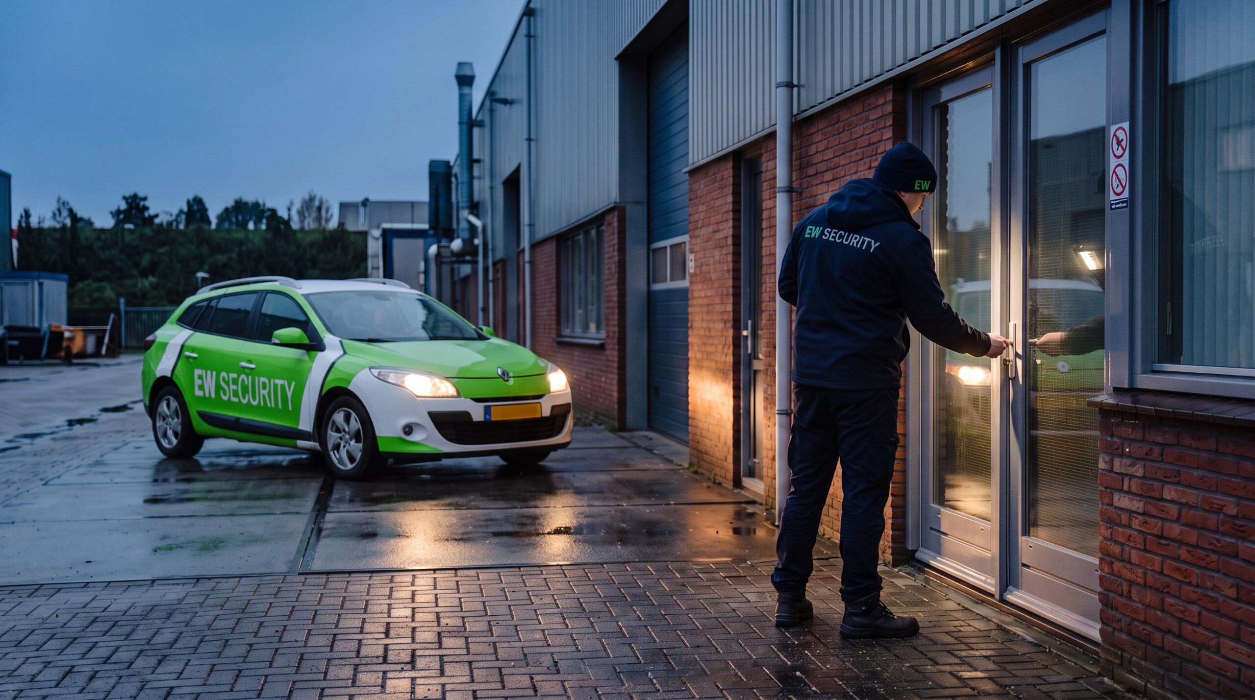 AI-beeld van EW Security: pand afsluiten na een alarmopvolging