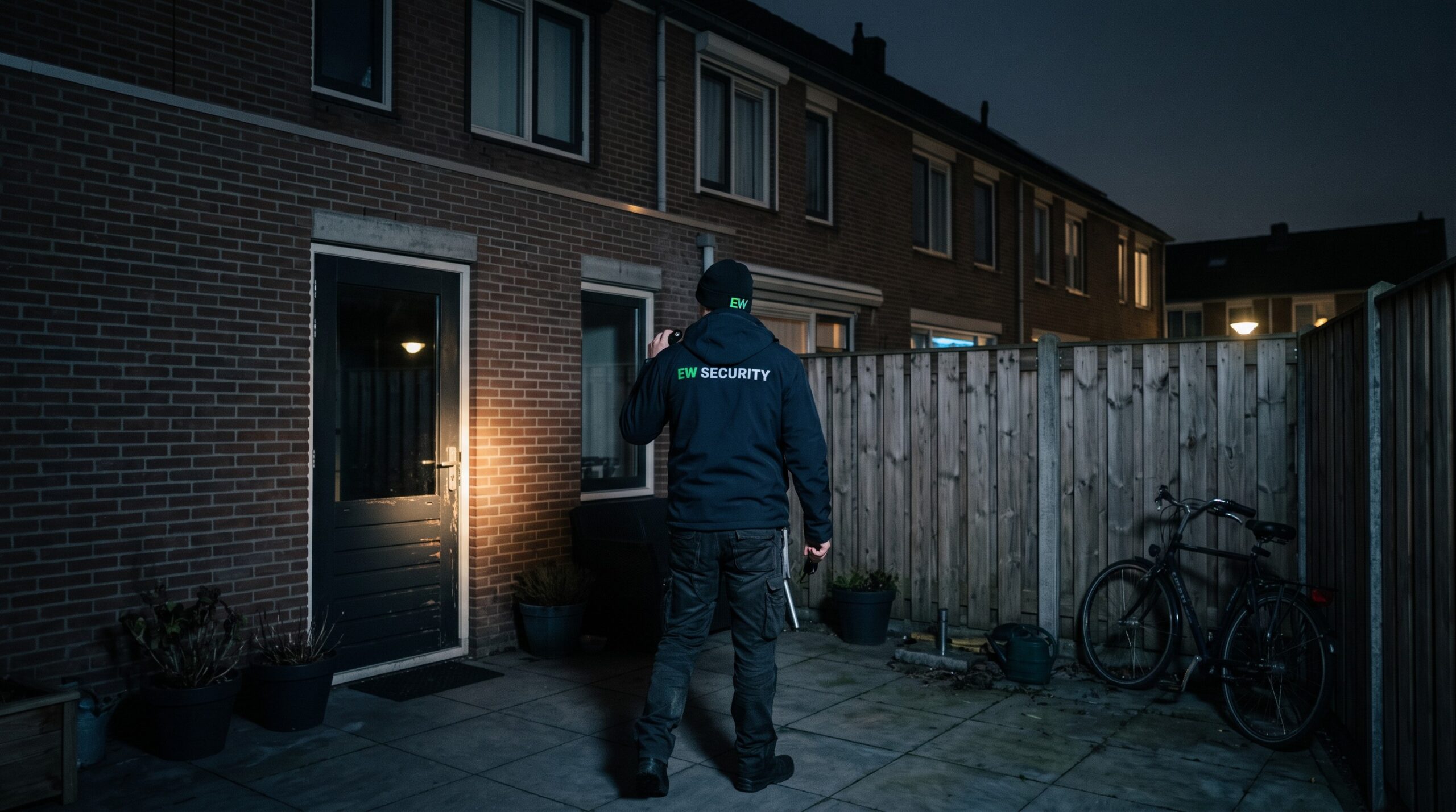 AI-beeld van EW Security: achterdeur van een woning controleren bij nacht