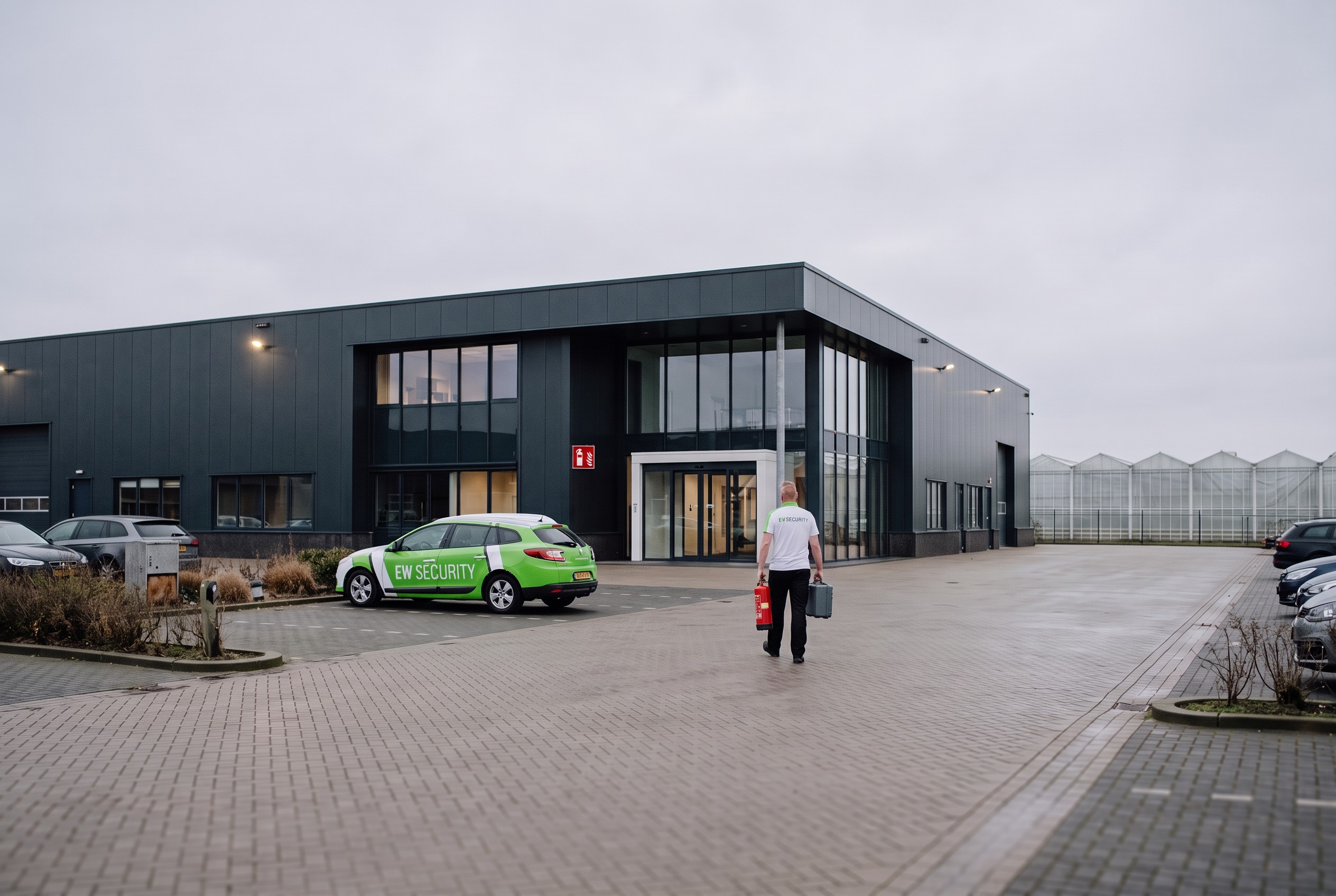 AI-beeld van EW Security: brandveiligheidscontrole bij een bedrijfspand