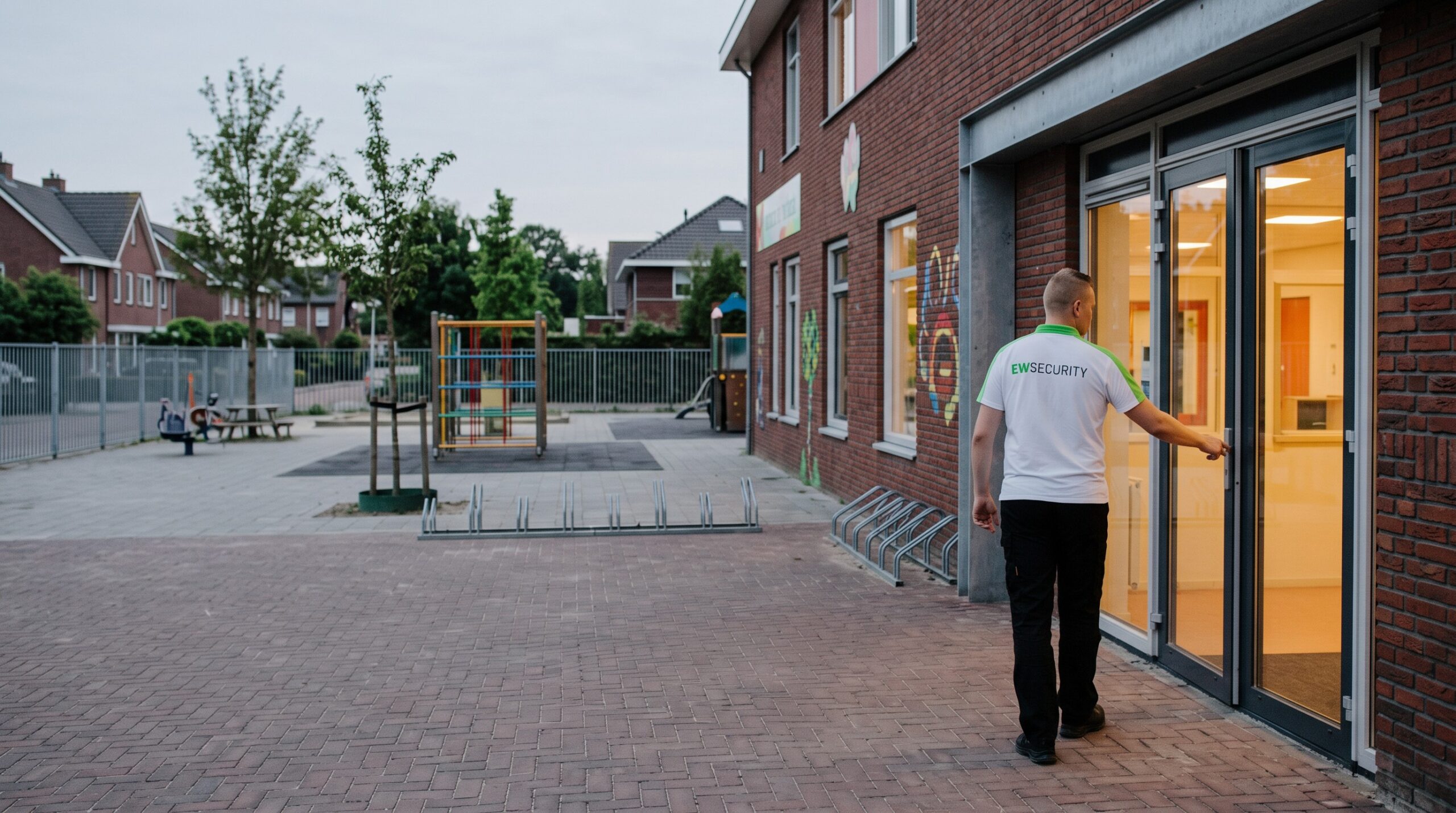 AI-beeld van EW Security: avondcontrole bij een basisschool