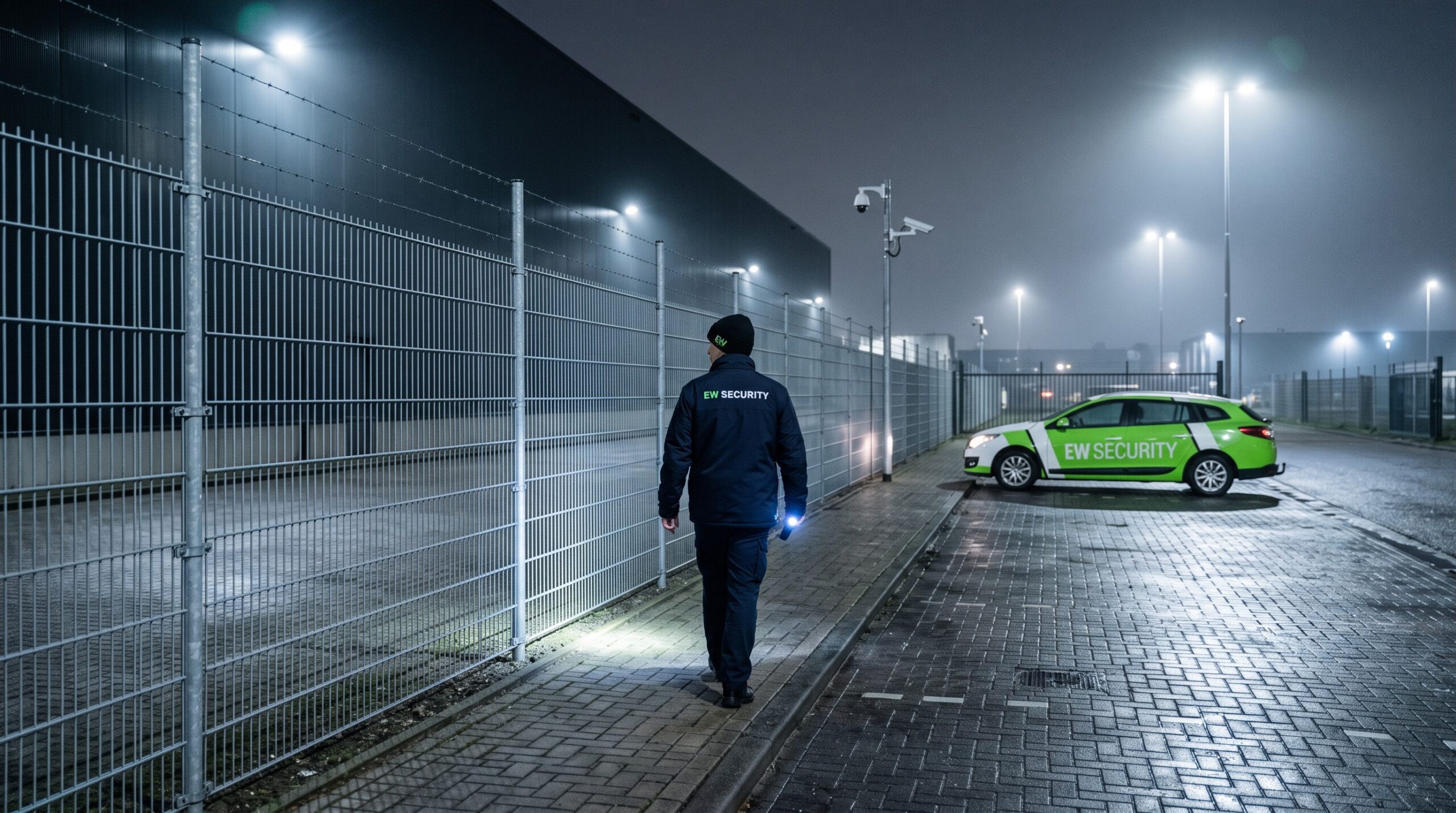 AI-beeld van EW Security: nachtronde langs het hek van een datacenter