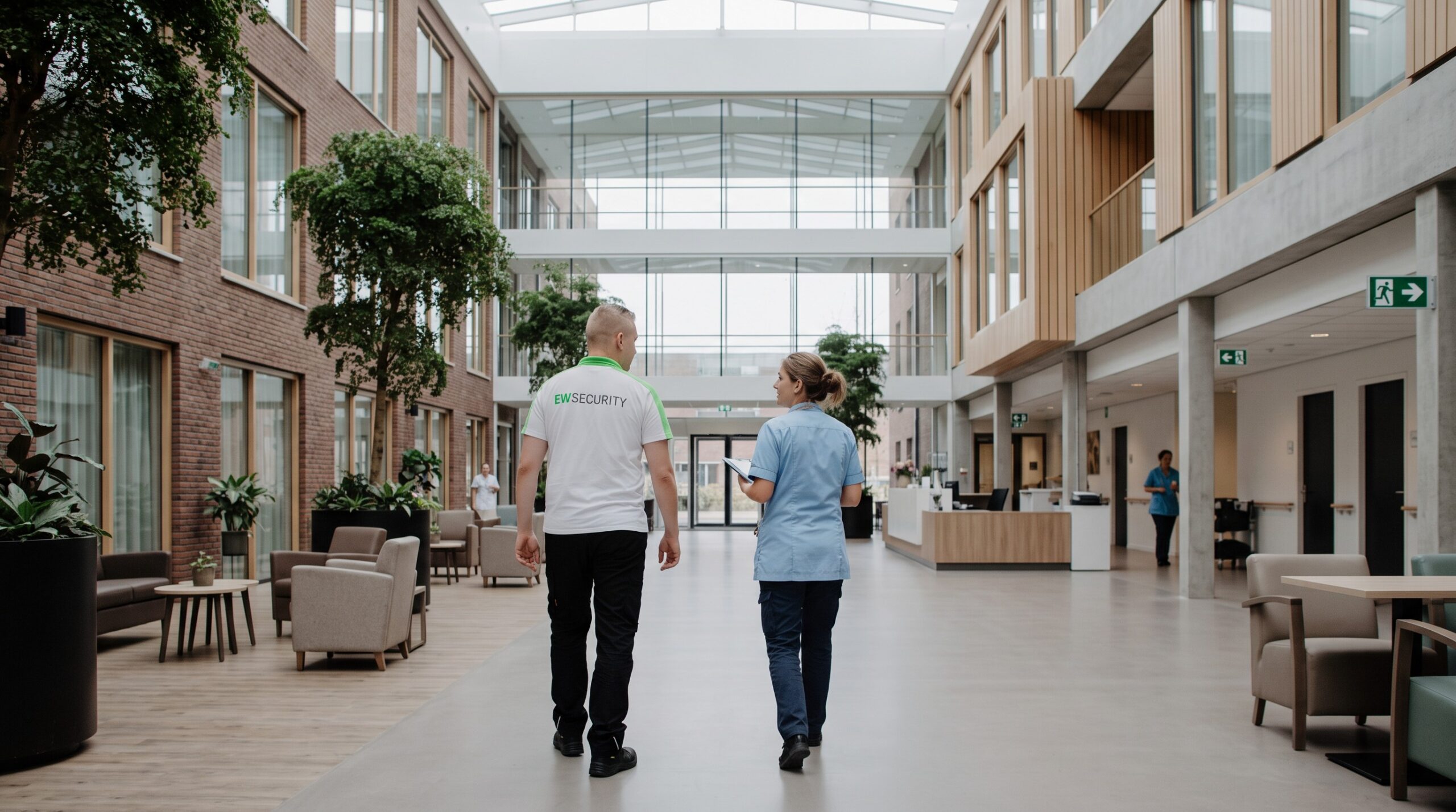 AI-beeld van EW Security: medewerker en verpleegkundige in een atrium