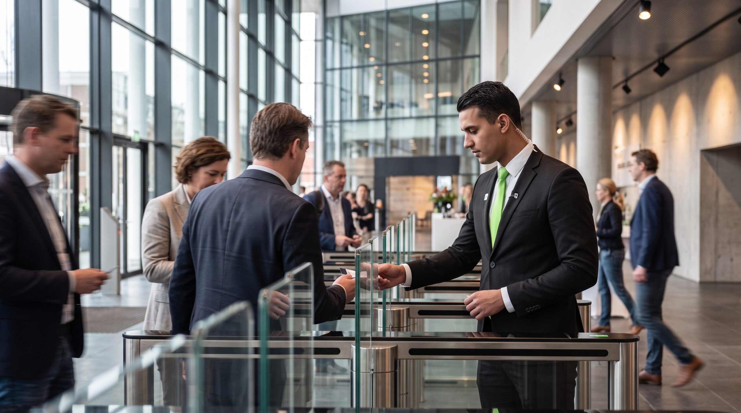 AI-beeld van EW Security: toegangscontrole bij een zakelijk evenement