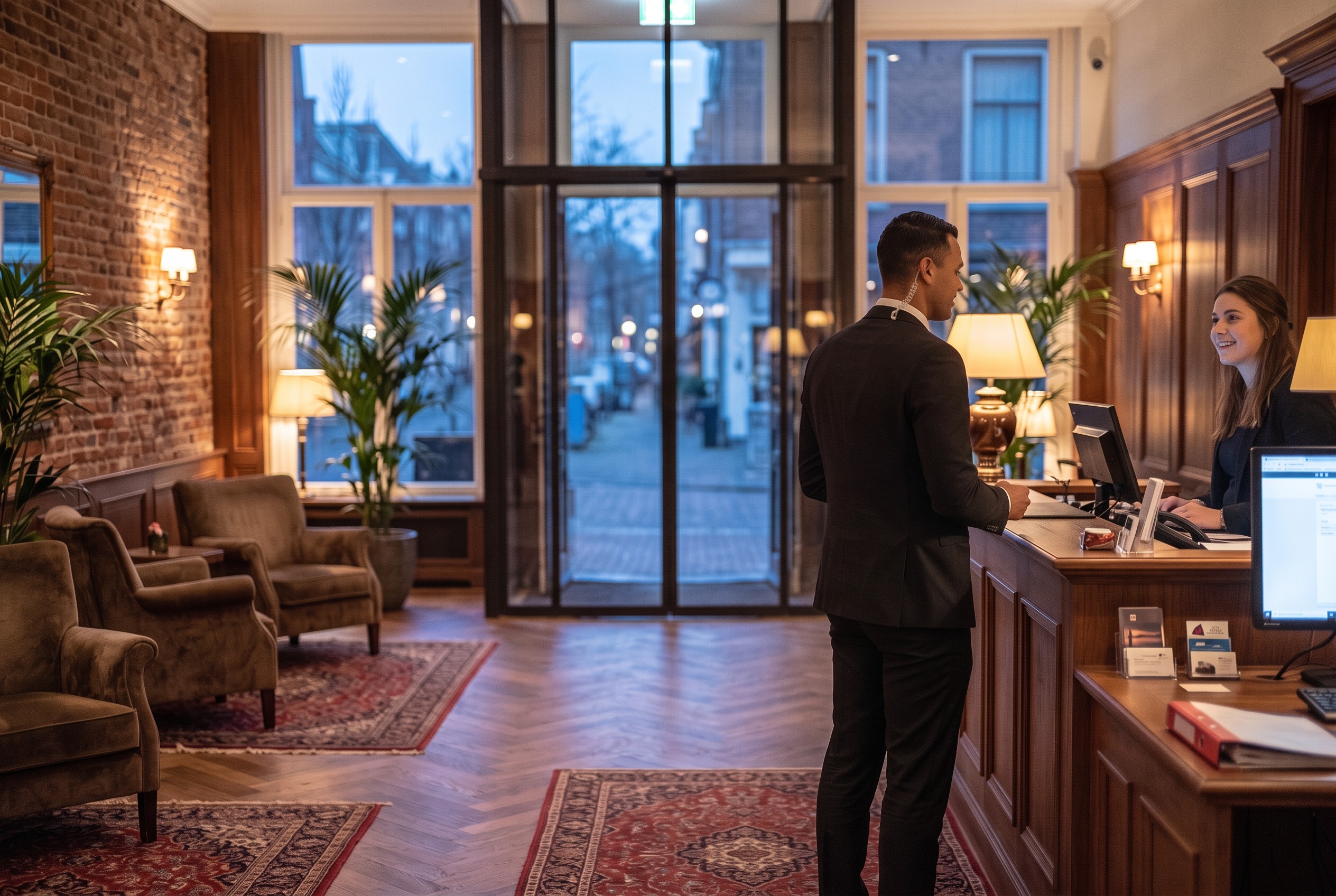 AI-beeld van EW Security: gesprek met de nachtreceptie van een hotel