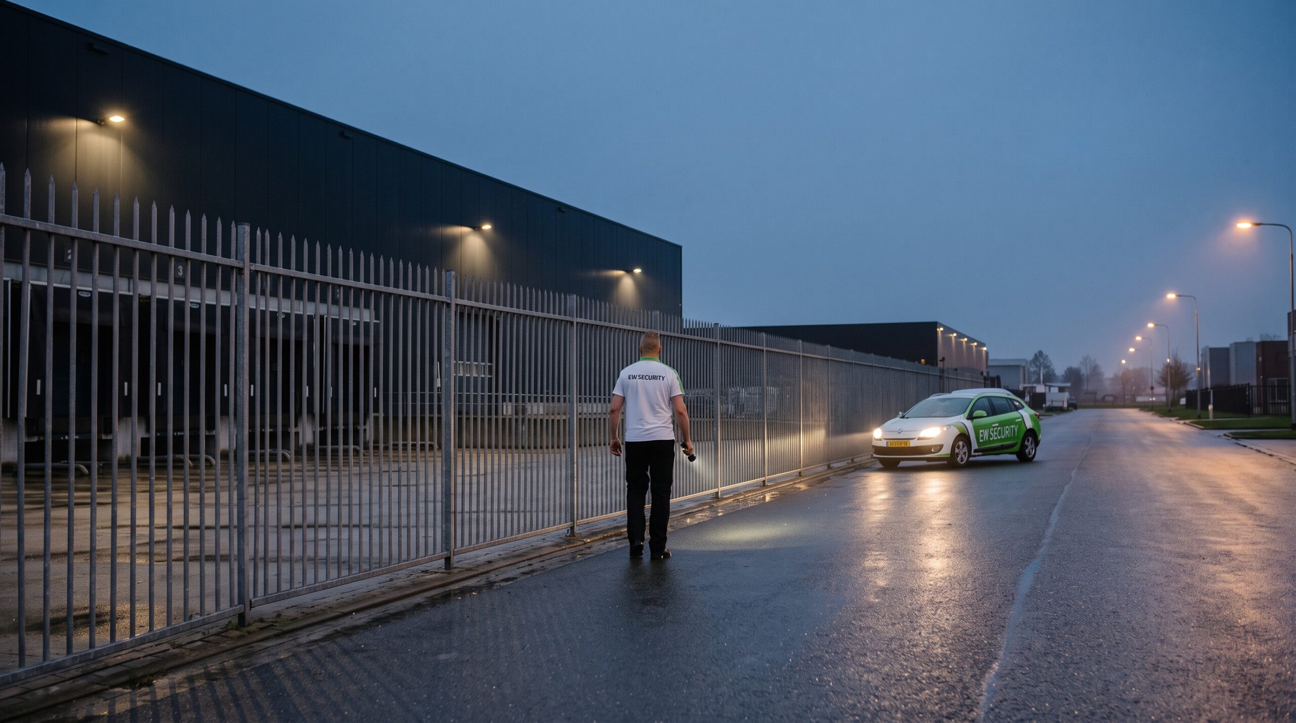 AI-beeld van EW Security: controleronde langs hekwerk en laadperrons