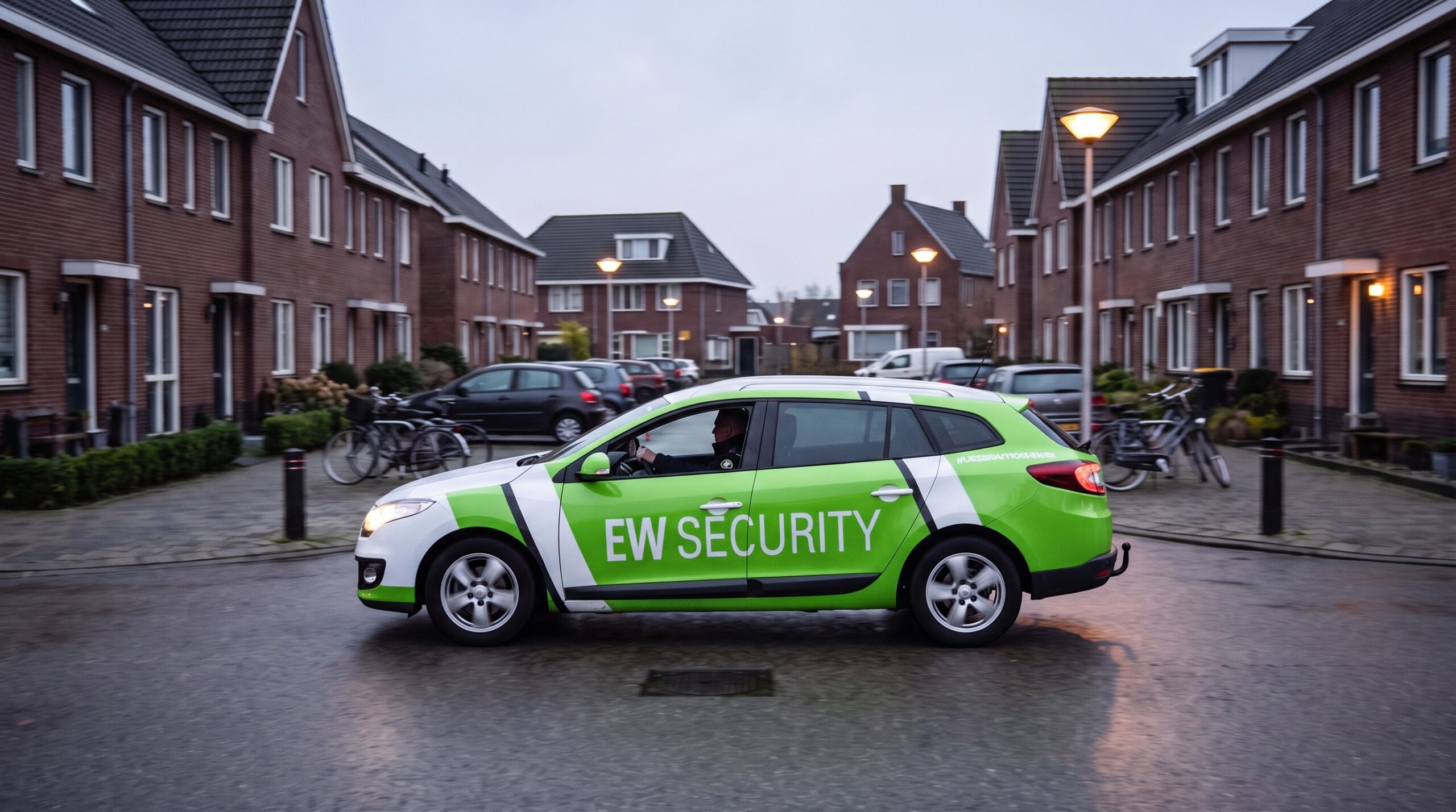 AI-beeld van EW Security: zichtbaar toezicht in een woonwijk