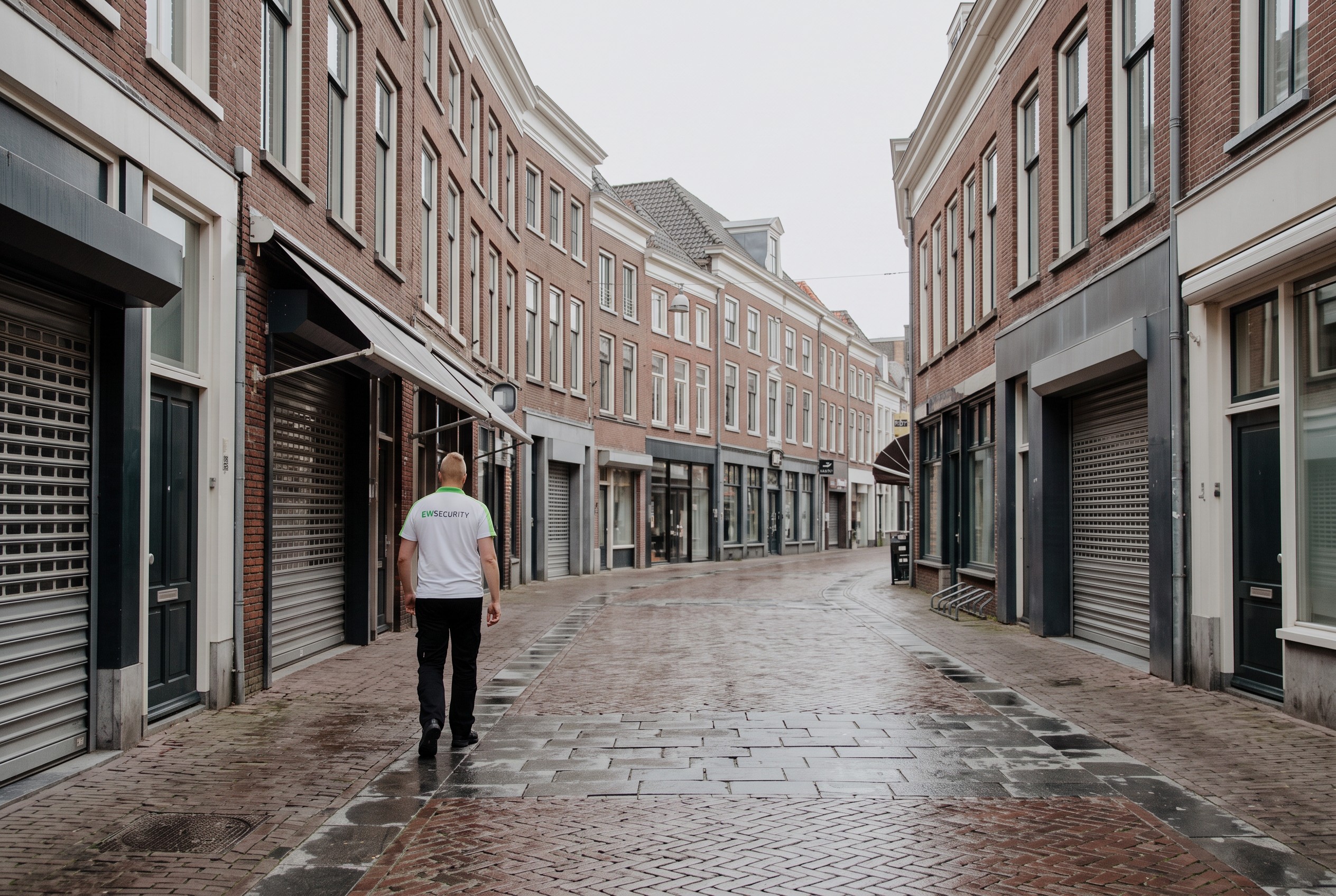 AI-beeld van EW Security: winkelstraat in de vroege ochtend