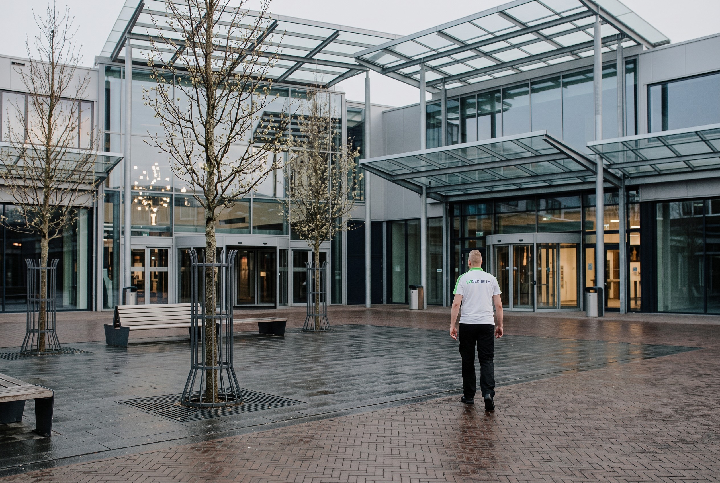 AI-beeld van EW Security: plein voor een winkelcentrum