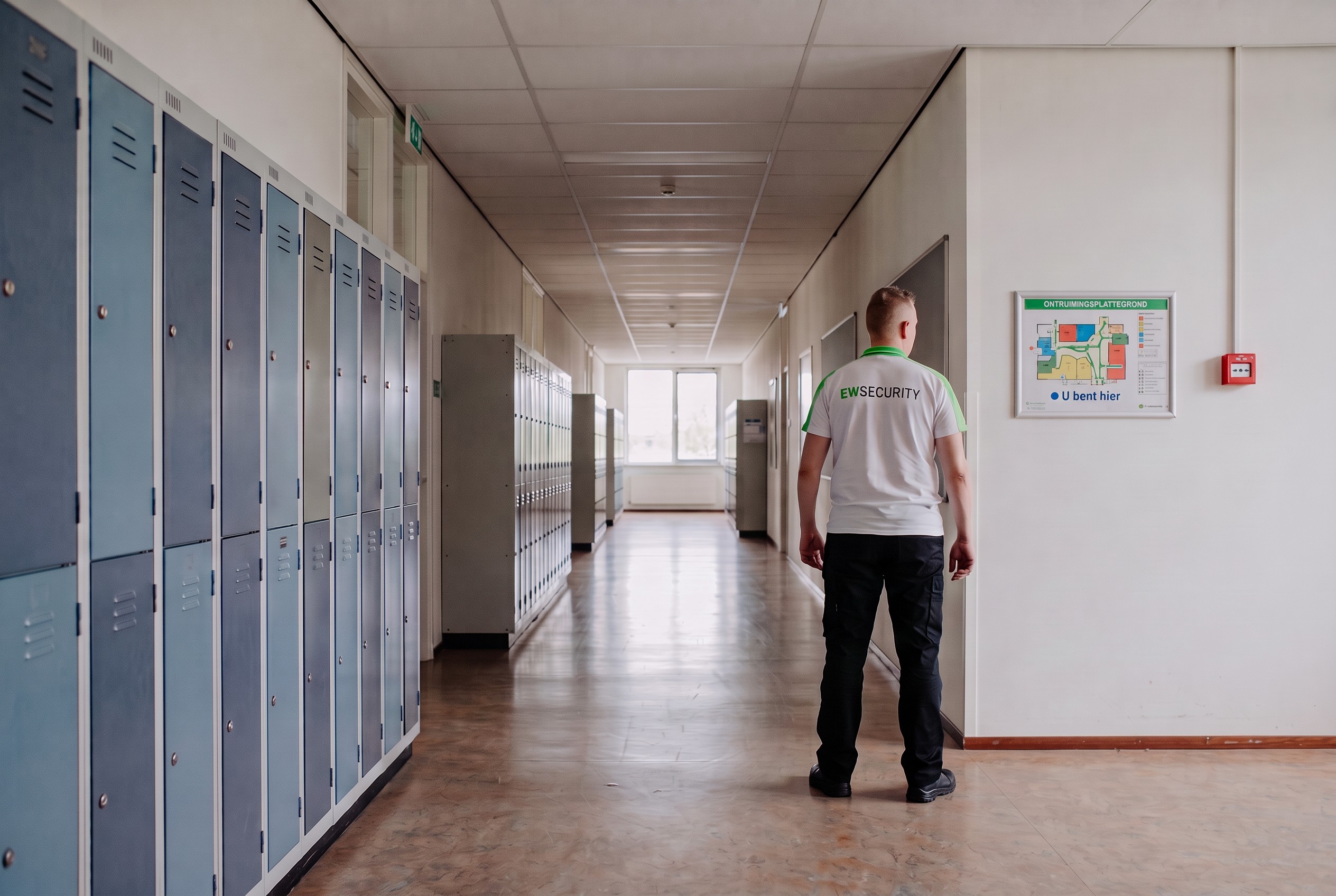 AI-beeld van EW Security: schoolgang met ontruimingsplattegrond