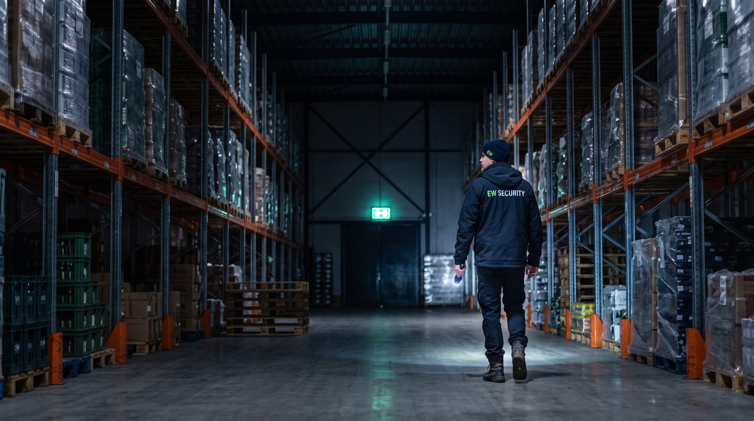 AI-beeld van EW Security: ronde door een donker magazijn