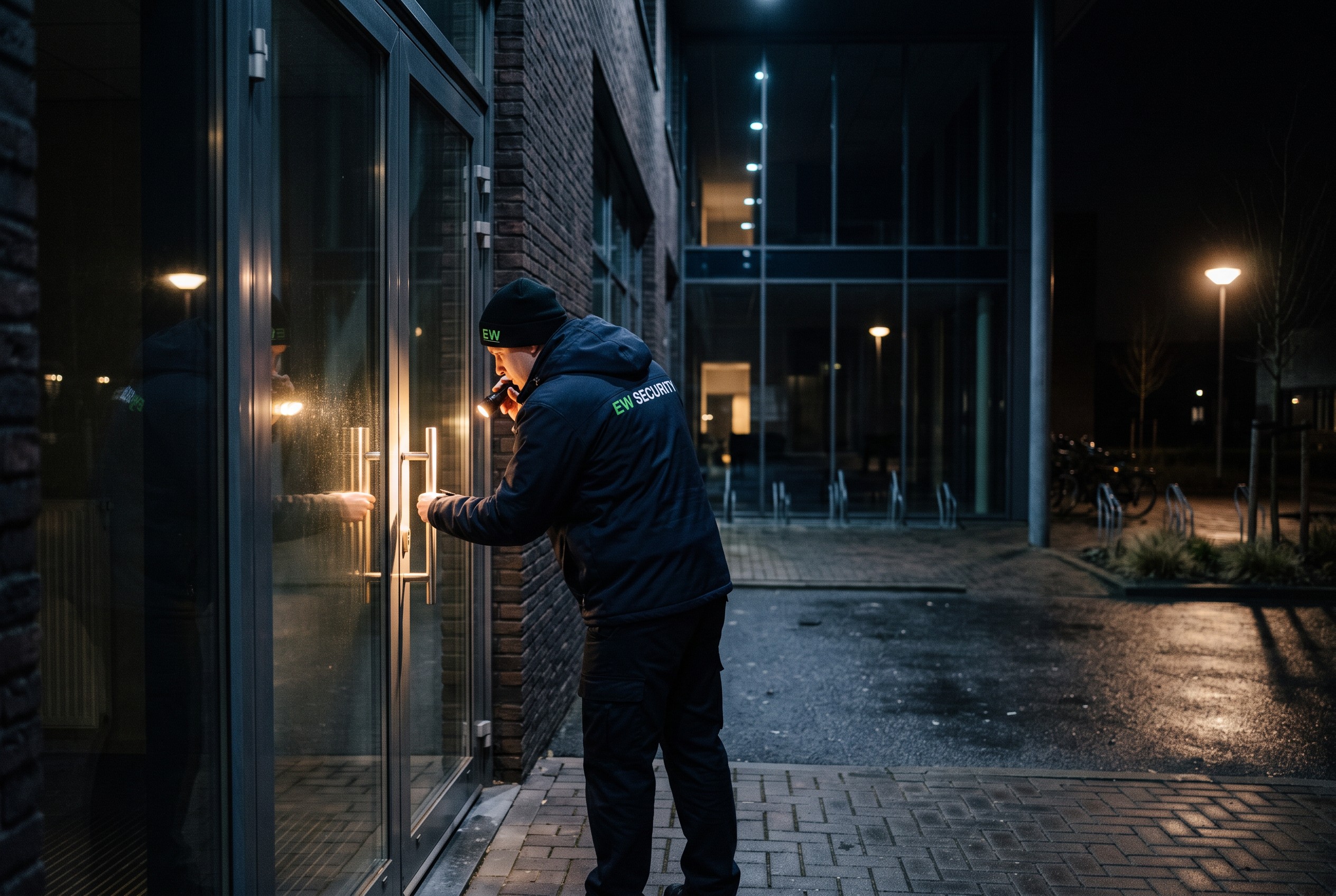 AI-beeld van EW Security: sluitronde: deur controleren met zaklamp