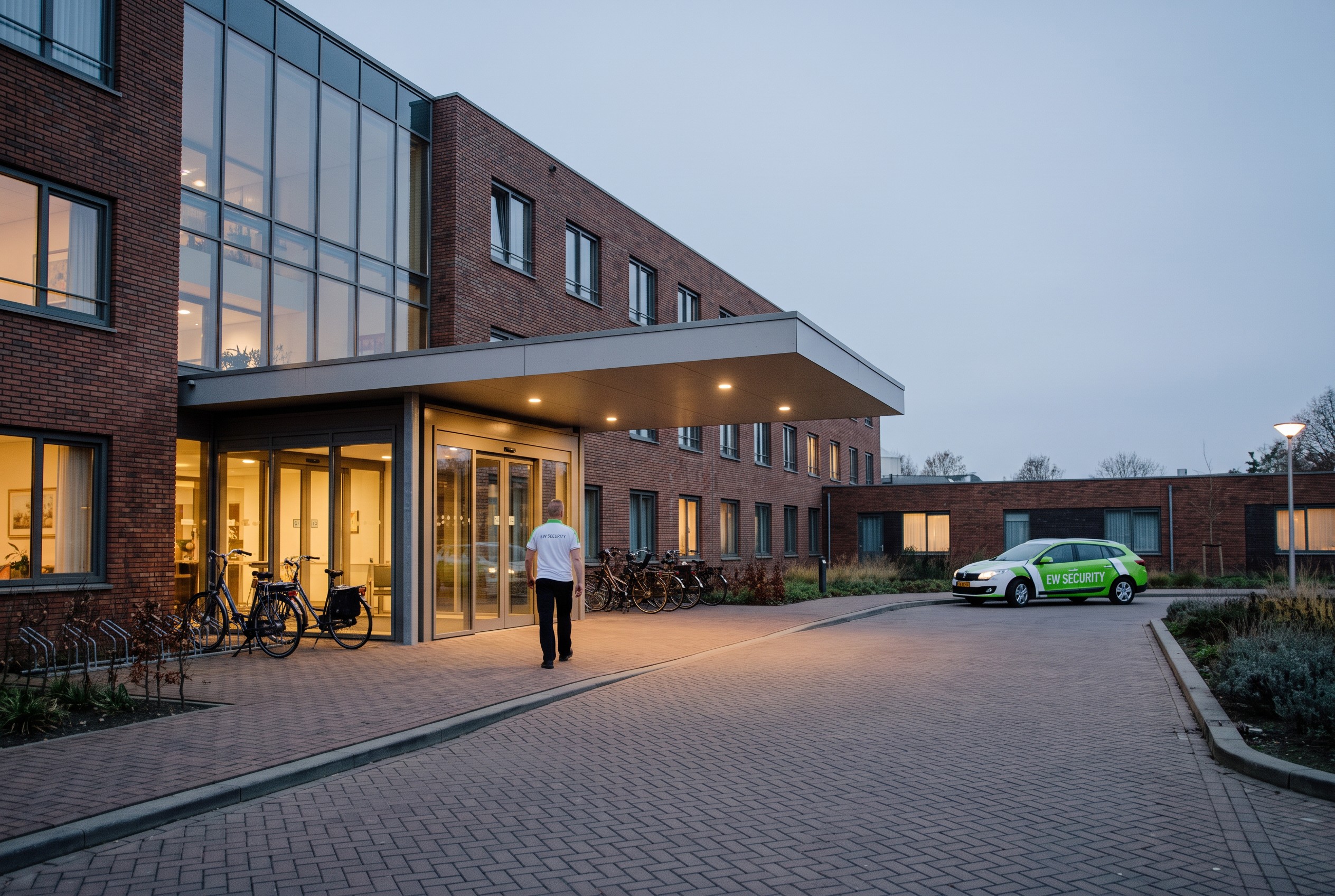 AI-beeld van EW Security: entree van een zorginstelling bij schemering